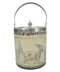Doulton Lambeth Stoneware Biscuit Barrel with goat scene (Metal lid and handle) - Royal Doulton Lambeth Stoneware