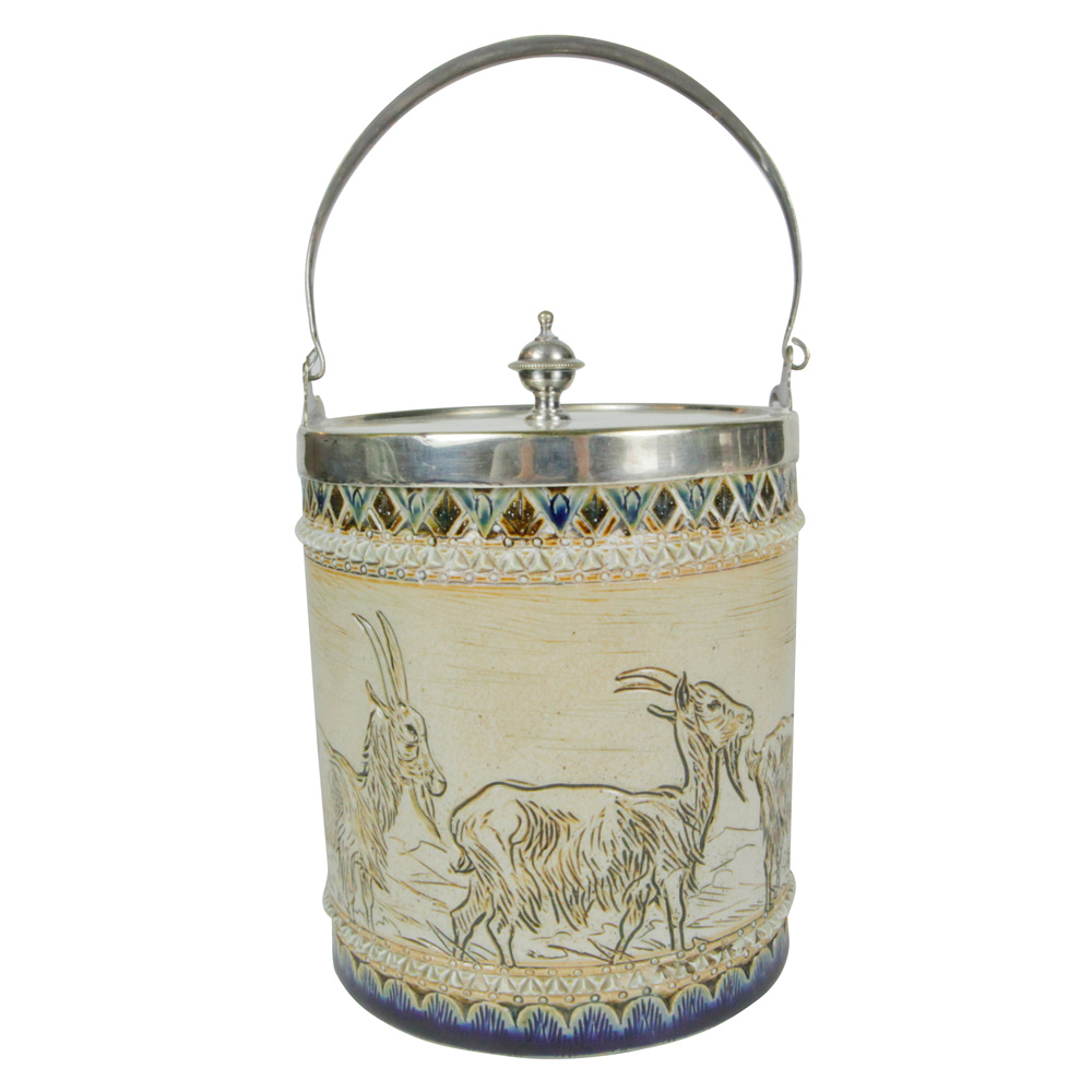 Doulton Lambeth Stoneware Biscuit Barrel with goat scene (Metal lid and handle) - Royal Doulton Lambeth Stoneware