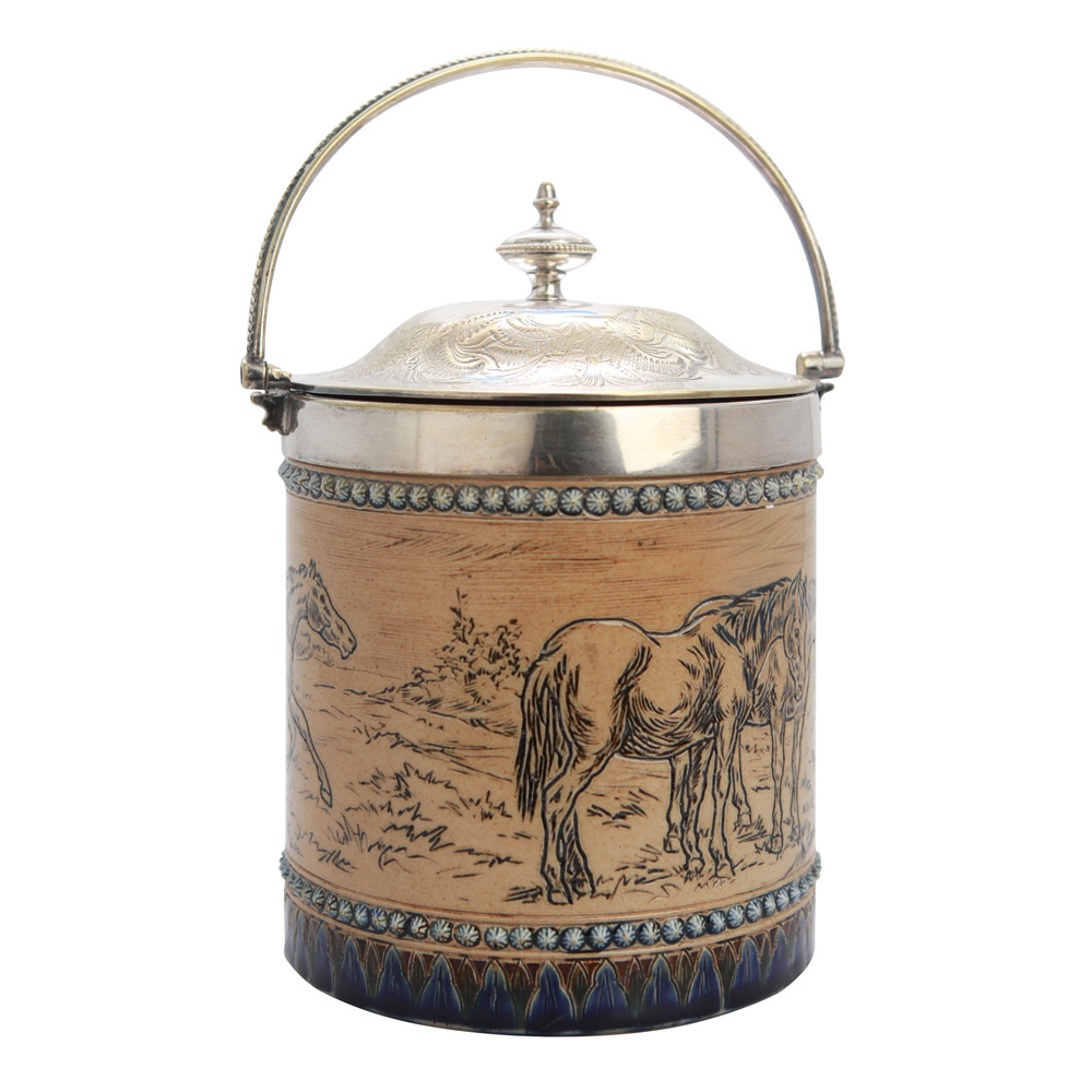 Doulton Lambeth Biscuit Barrel with Horse Scene (Silver hinged lid and handle) - Royal Doulton Lambeth Stoneware