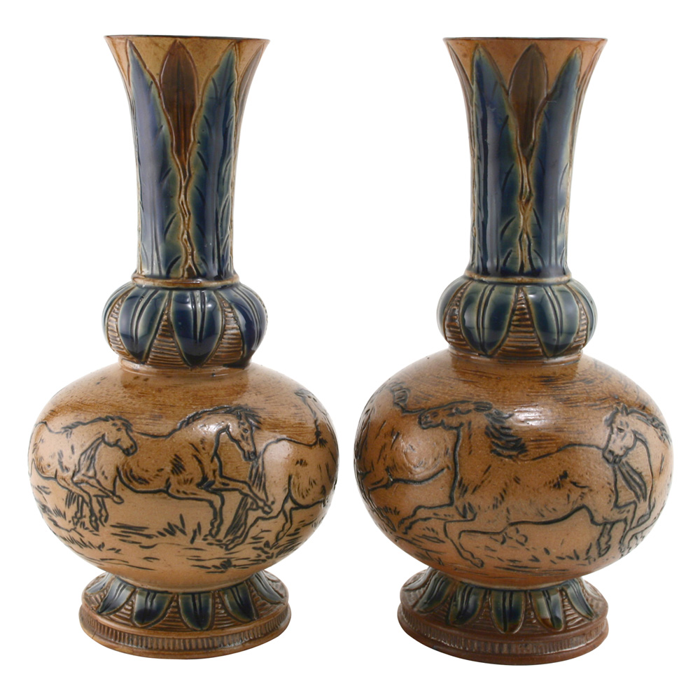 Doulton Lambeth Stoneware Vase Pair - Horse Scene  - Royal Doulton Lambeth Stoneware