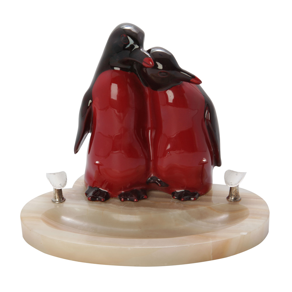 Flamb Penguin Pair HN133 on base (with silver pen holders) - Royal Doulton Flambe