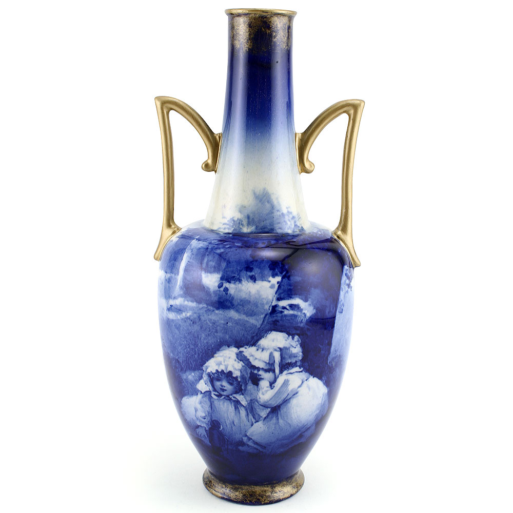 Blue Children Vase, Girls Whispering, 11.5''H - Royal Doulton Seriesware