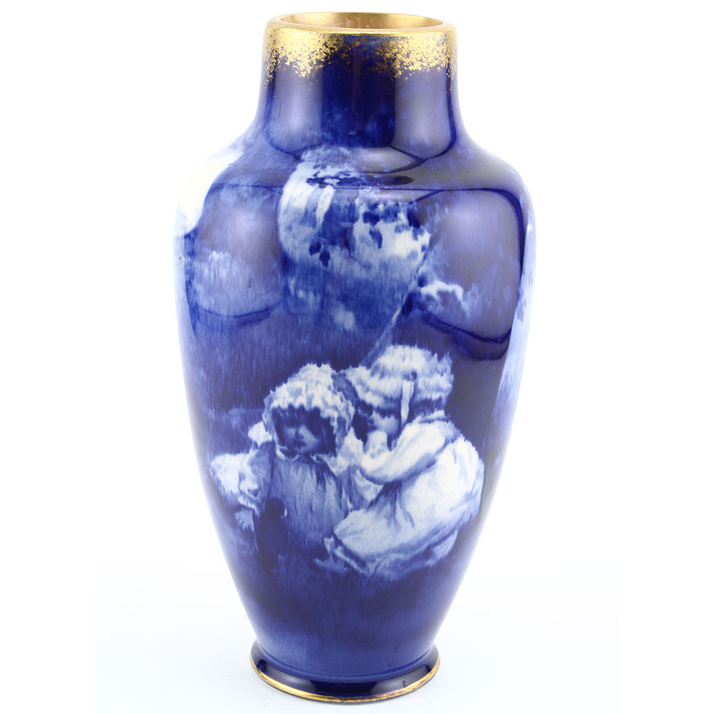 Blue Children Vase, Girls Whispering, 8.5''H - Royal Doulton Seriesware