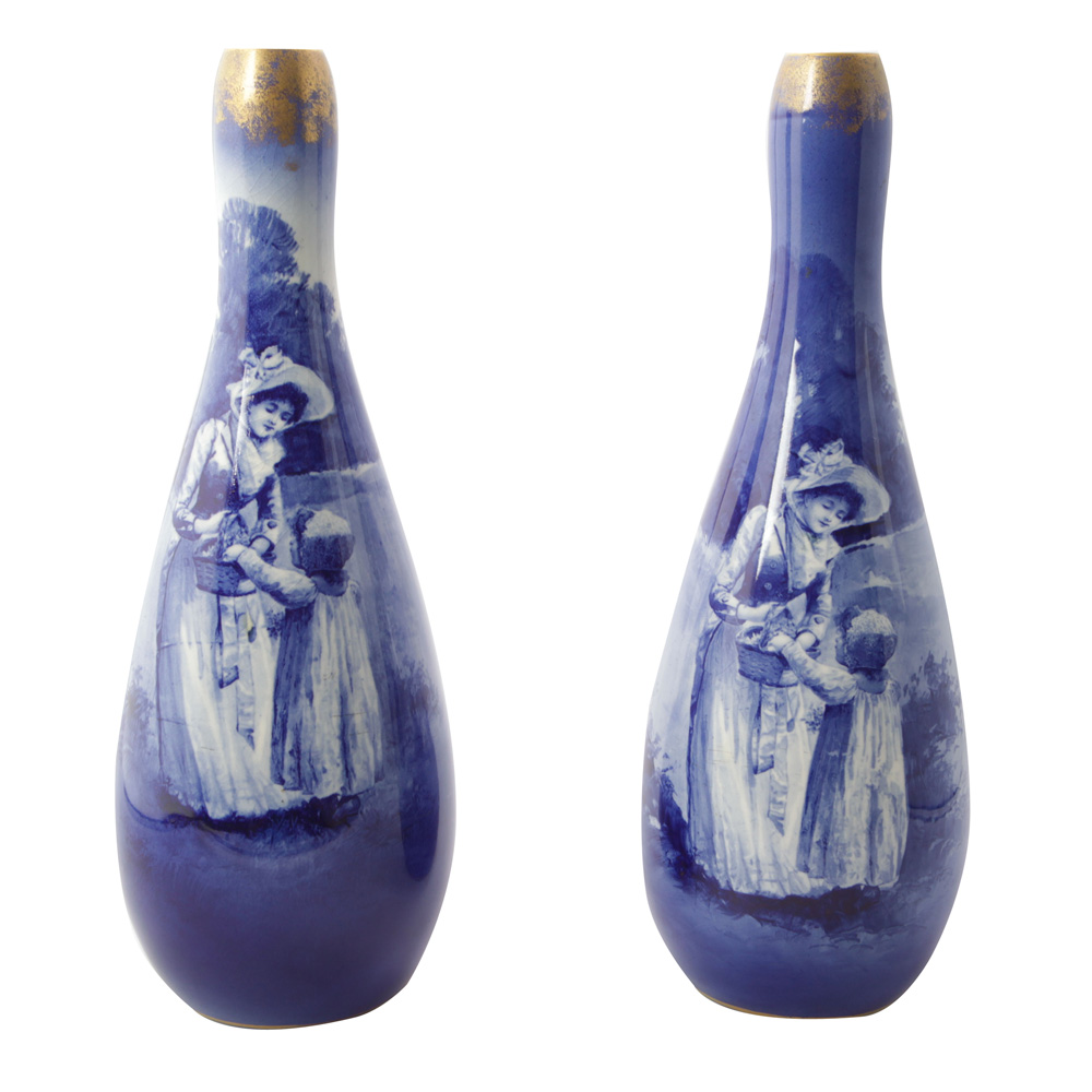 Blue Children Large Vase Pair - Girl with Hand in Basket - Royal Doulton Seriesware
