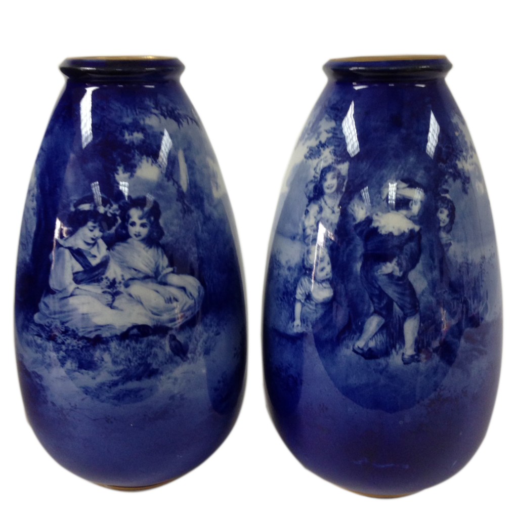 Blue Children Vase Pair Scene of Two Girls Sitting Under a Tree & Scene of Children Playing Hide-and- Seek - Royal Doulton Seriesware