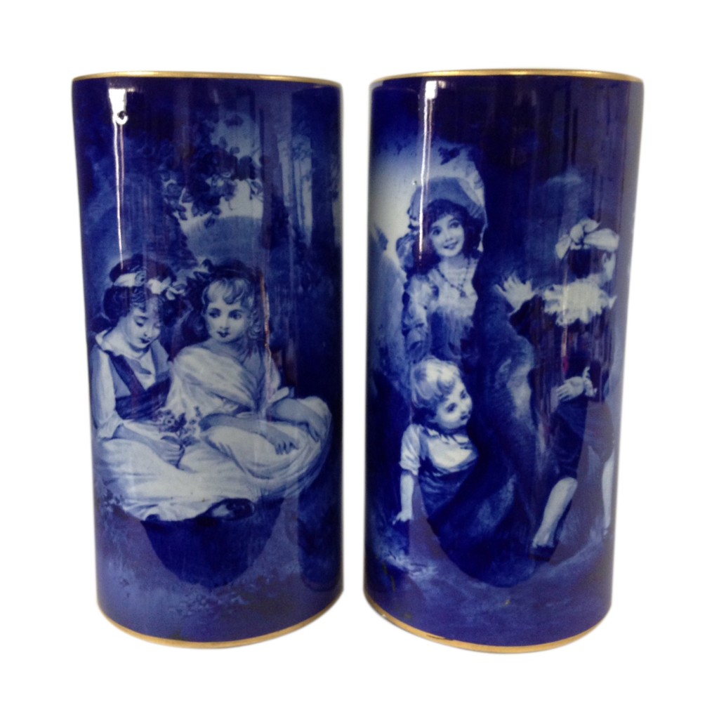 Blue Children Vase Pair Scene of Two Girls Sitting Under a Tree & Scene of Children Playing Hide-and-Seek - Royal Doulton Seriesware