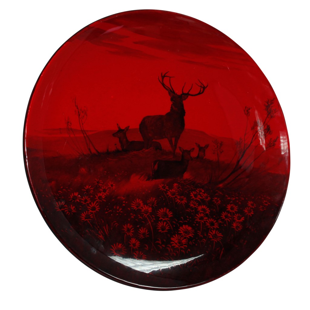 Flambe Charger - Scene of Buck with three Deer Standing in Field of Flowers - Royal Doulton Animal