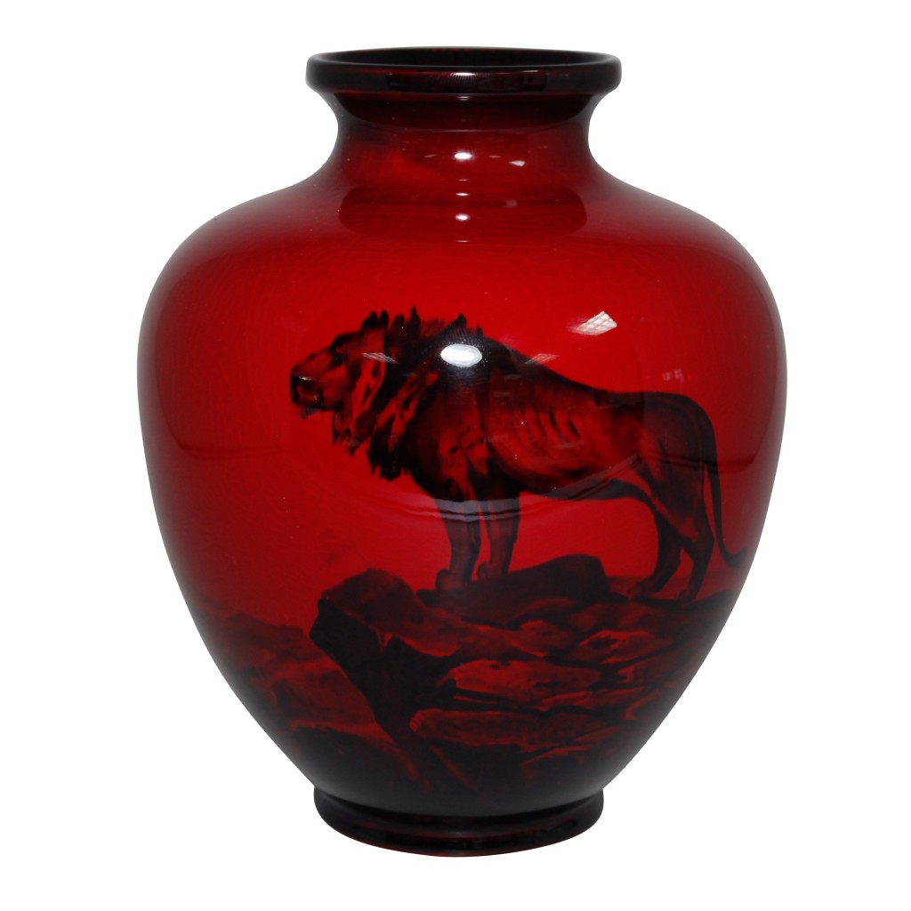 Flambe Vase - Scene of Lion Standing on top of Cliff. Titled "The Top of the World" - Royal Doulton Vase