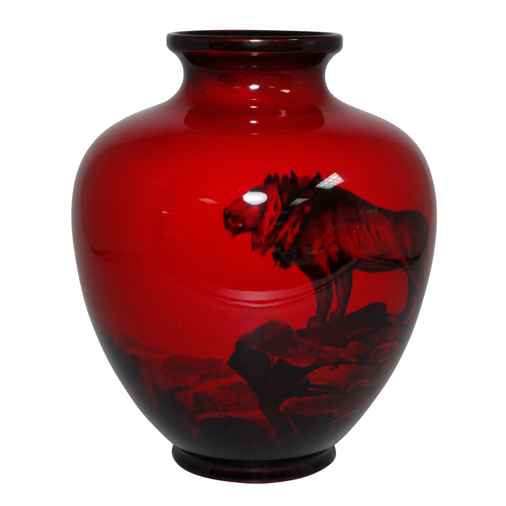 Flambe Vase - Scene of Lion Standing on top of Cliff. Titled "The Top of the World" - Royal Doulton Vase