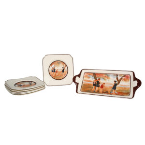 Seriesware "Surfing" 7pc. Sandwich Set - Scene of bathers at the waterside (Set includes one tray and six small plates) - Royal Doulton Seriesware