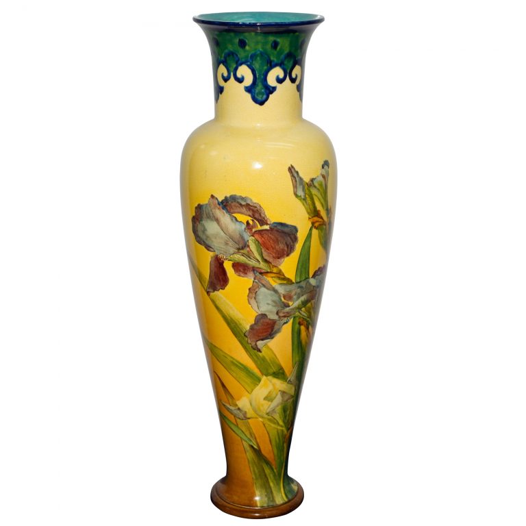 Faience Vase Irises Blue Yello - Doulton Lambeth Stoneware