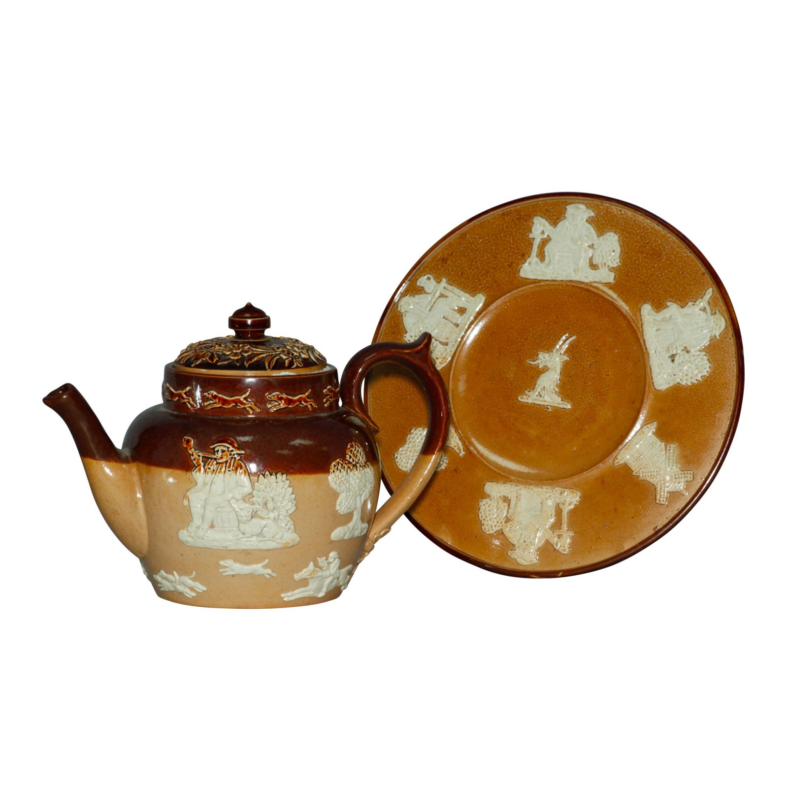 Hunting - 2pc. Teapot and Trivet Set - Doulton Lambeth Stoneware