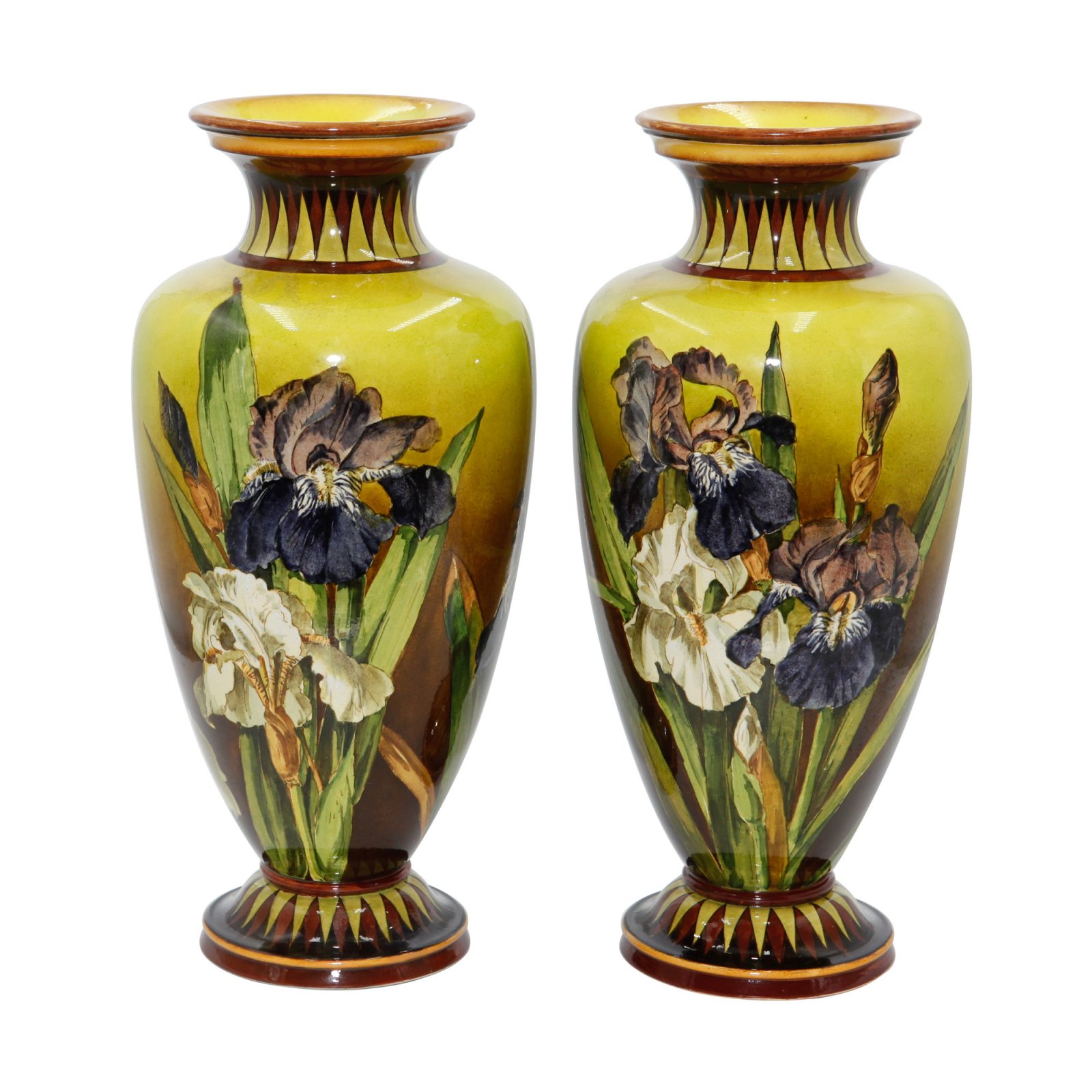 Faience Iris Vase Pair - Royal Doulton Stoneware Faience